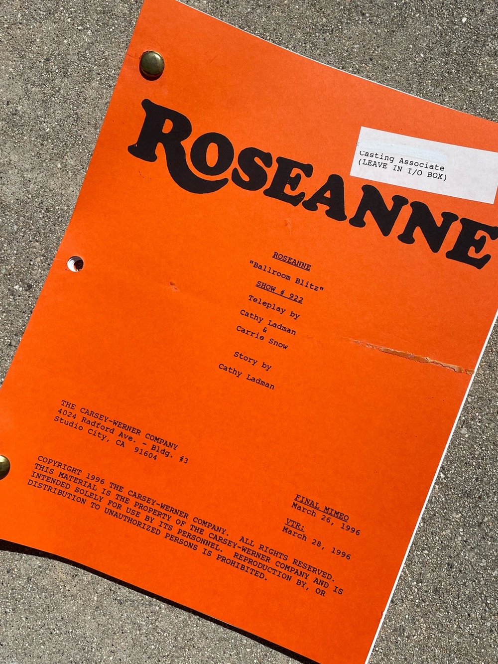 Roseanne 1996 Production Used Final Draft Script Ballroom Blitz TONY CURTIS!